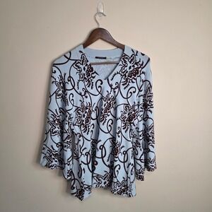 Cyrus Womens Blue Brown Floral Scroll V-Neck Bell Sleeve Knit Top Large 57804
